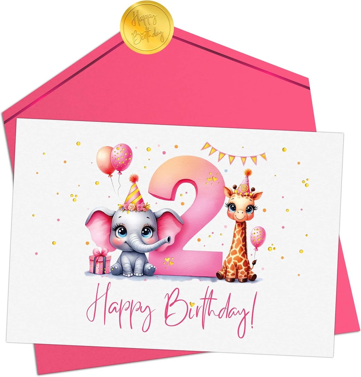 Verjaardagskaart 2 jaar - Happy Birthday - Handgetekend met goudaccenten - Perfect voor meisjes - ShopVlot