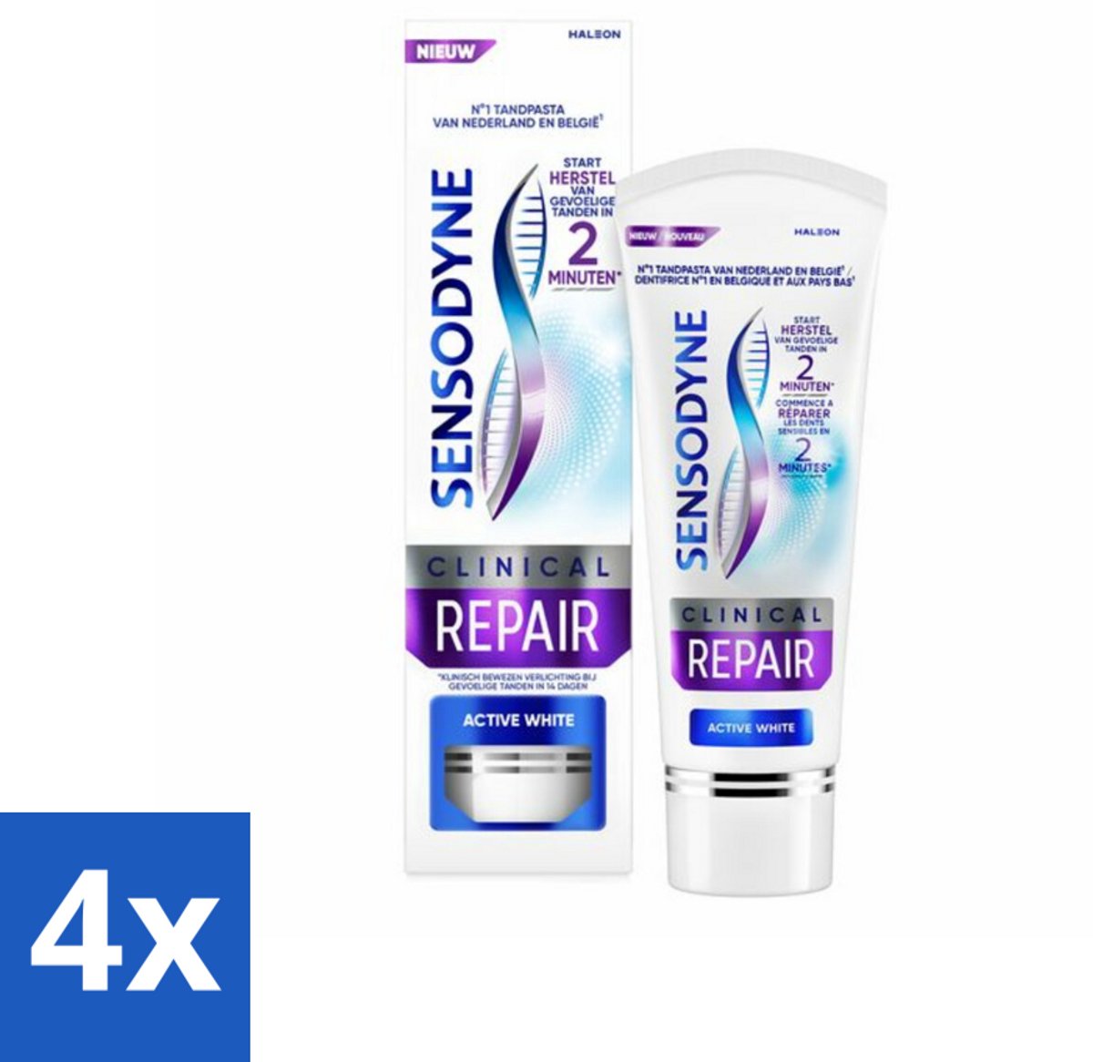 4 x Sensodyne - Tandpasta - Clinical Repair - Active White - Tandglazuur Herstellen - 75 ml - Tandgevoeligheid - Tandpasta - Wittere Tanden - Gevoelige Tanden - Novamin