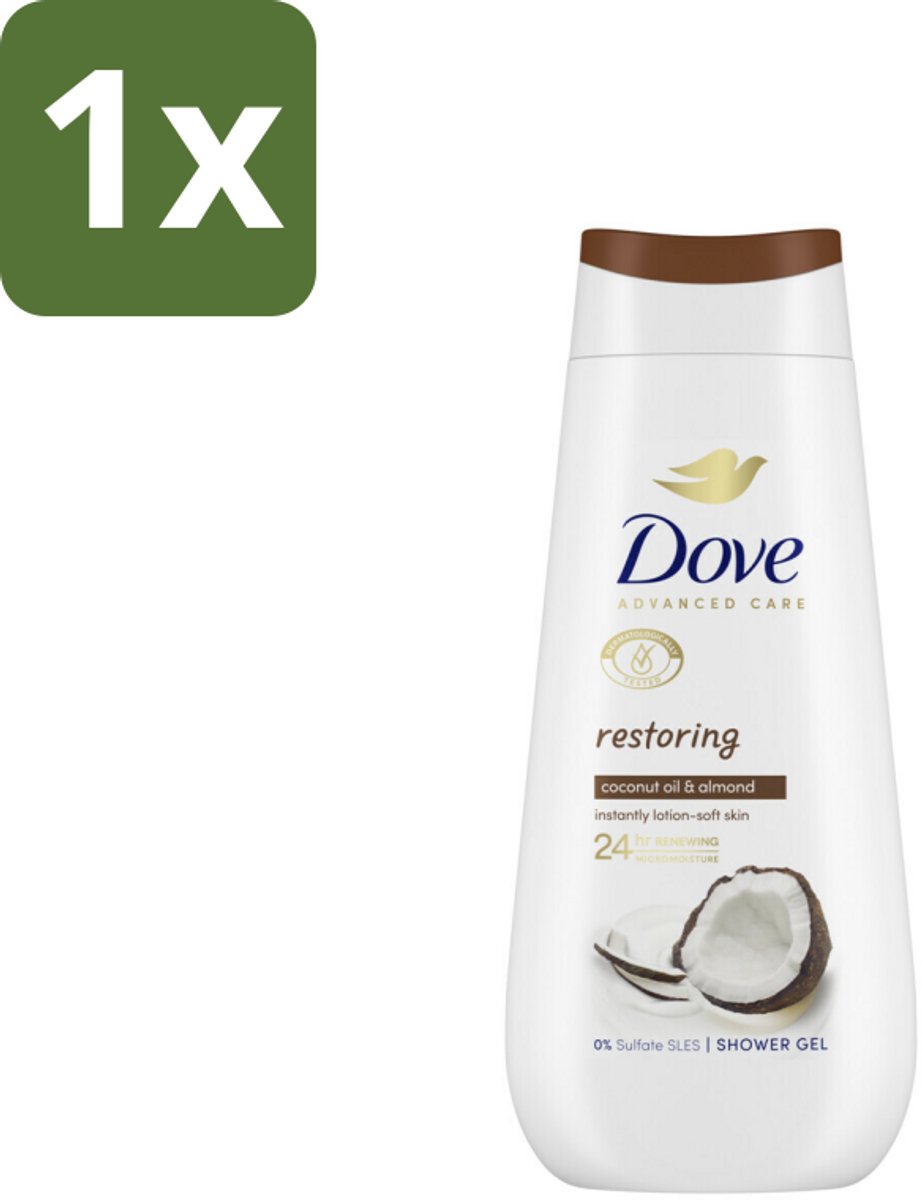 1 x Dove Douchecrème - Restoring - Kokos & Amandel - 225 ml - Douchegel - Huidherstel - Kokosolie - Amandelextract - 24-uurs Hydratatie
