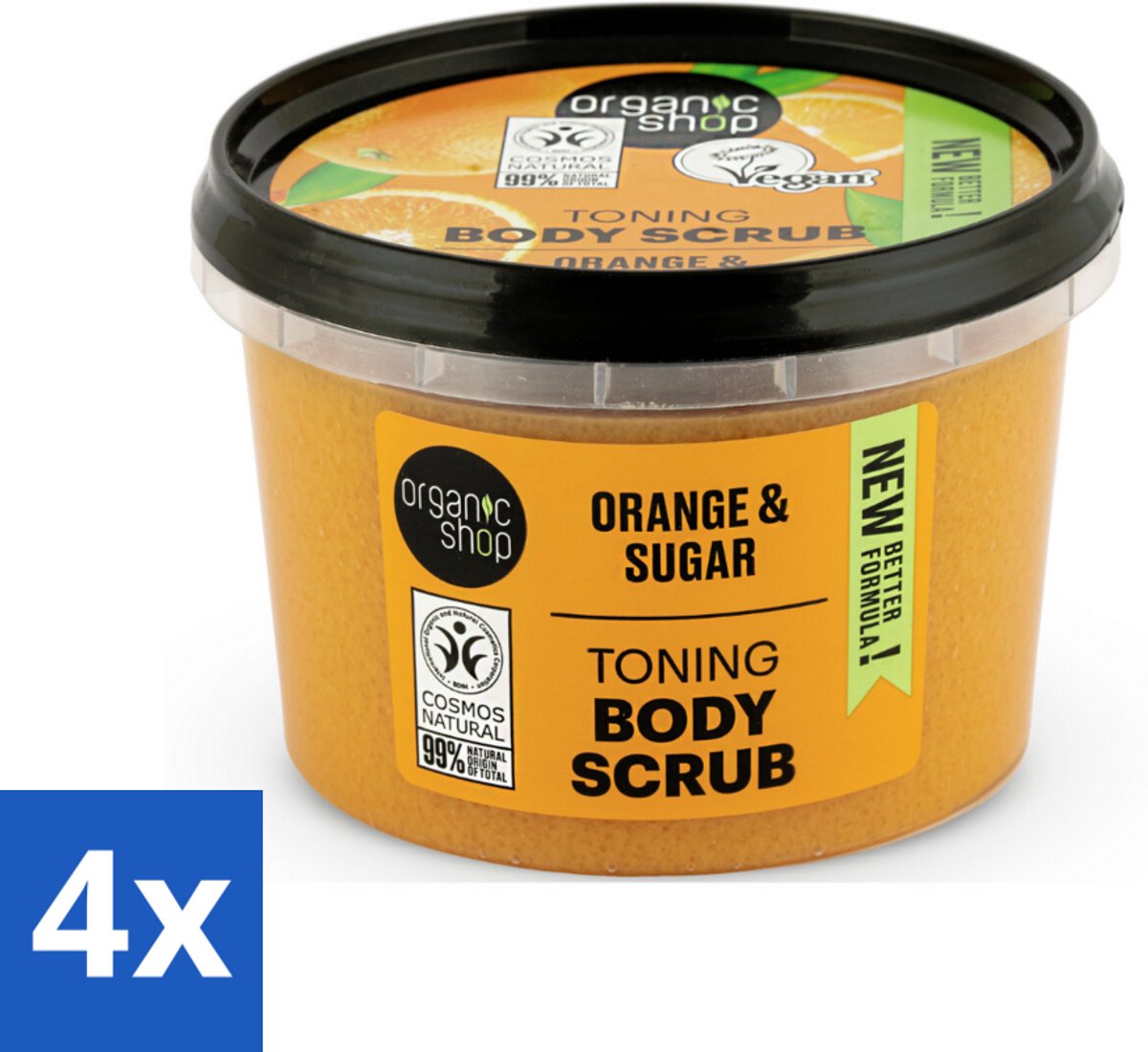 4 x Organic Shop - Body Scrub Orange - Verzorgend en Geurend - 250 ml - Organische Bodyscrub - Sinaasappel Scrub - Huidverzorging - Exfoliatie - Natuurlijke Ingrediënten