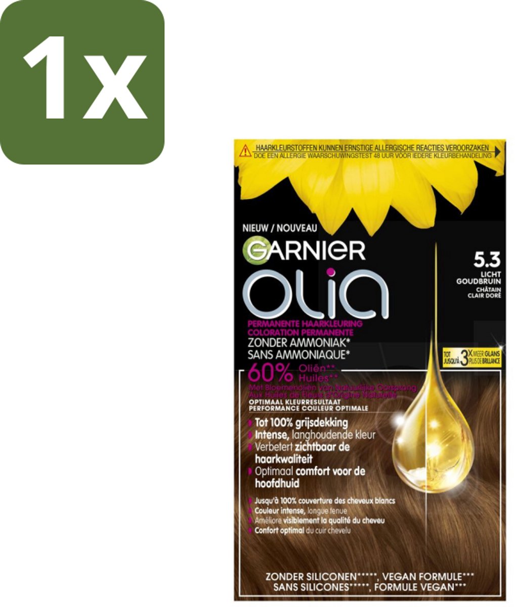 1 x Garnier - Olia 5.3 - Haarkleuring - Licht Goudbruin - Zonder Ammoniak - 60% Olie - Permanente Kleur - Haarkleuring - Permanent - Zonder Ammoniak - 60% Olie - Grijsdekking