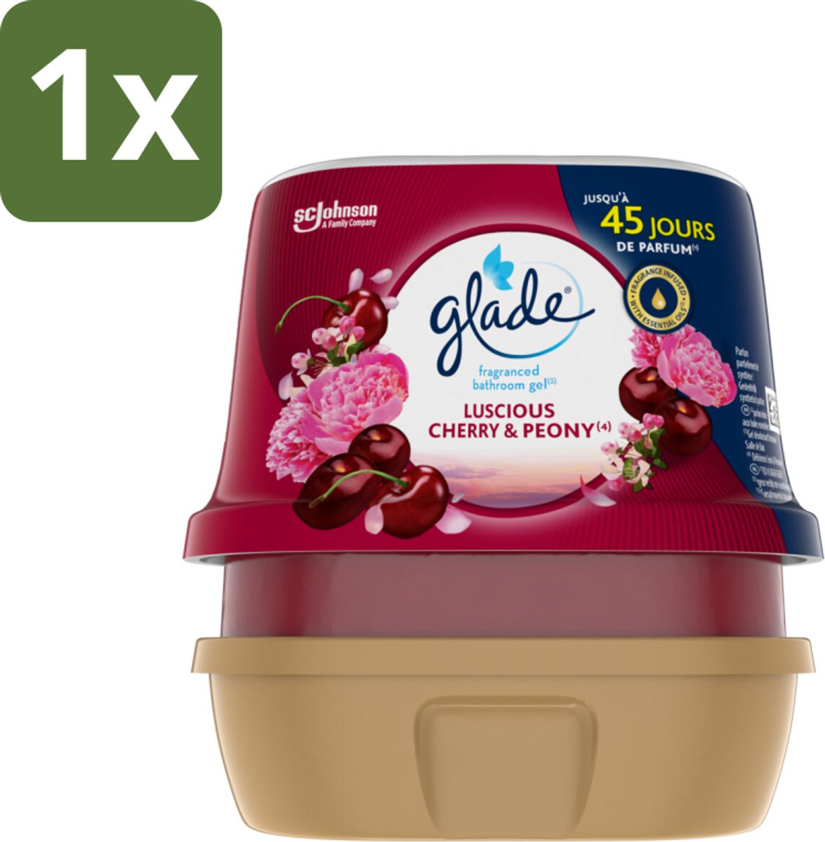 1 x Glade - Badkamer Gel - Luscious Kers & Pioenroos - 180 g - Badkamer Geur - Bloemige Geur - Geur Gel - Geurverspreiding - Geur Gel Badkamer