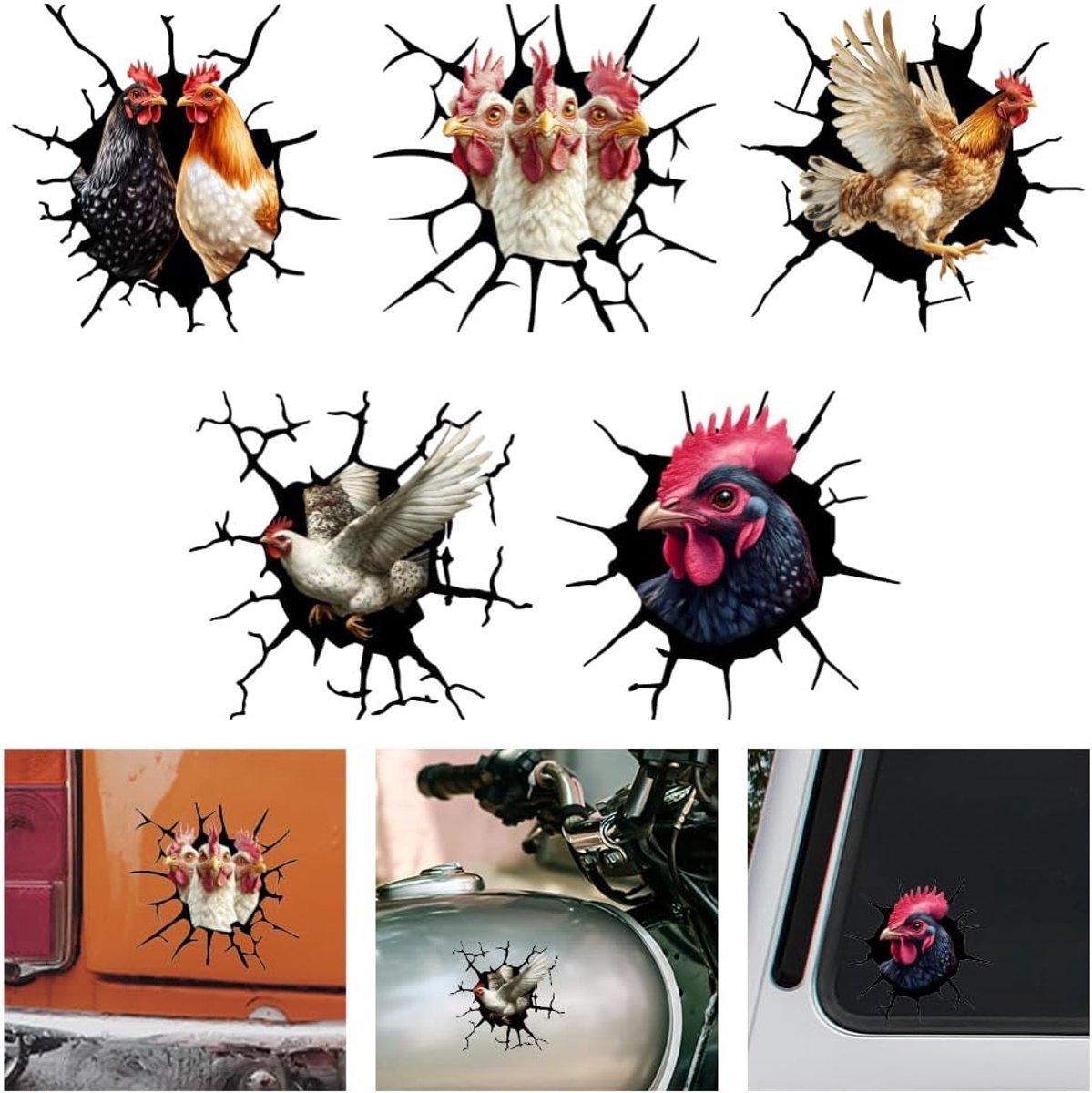 3D Vinyl Stickers voor Auto - 5 Stuks Kip Motief - Waterproof Zelfklevend - Leuk voor Auto en Motor - ShopVlot