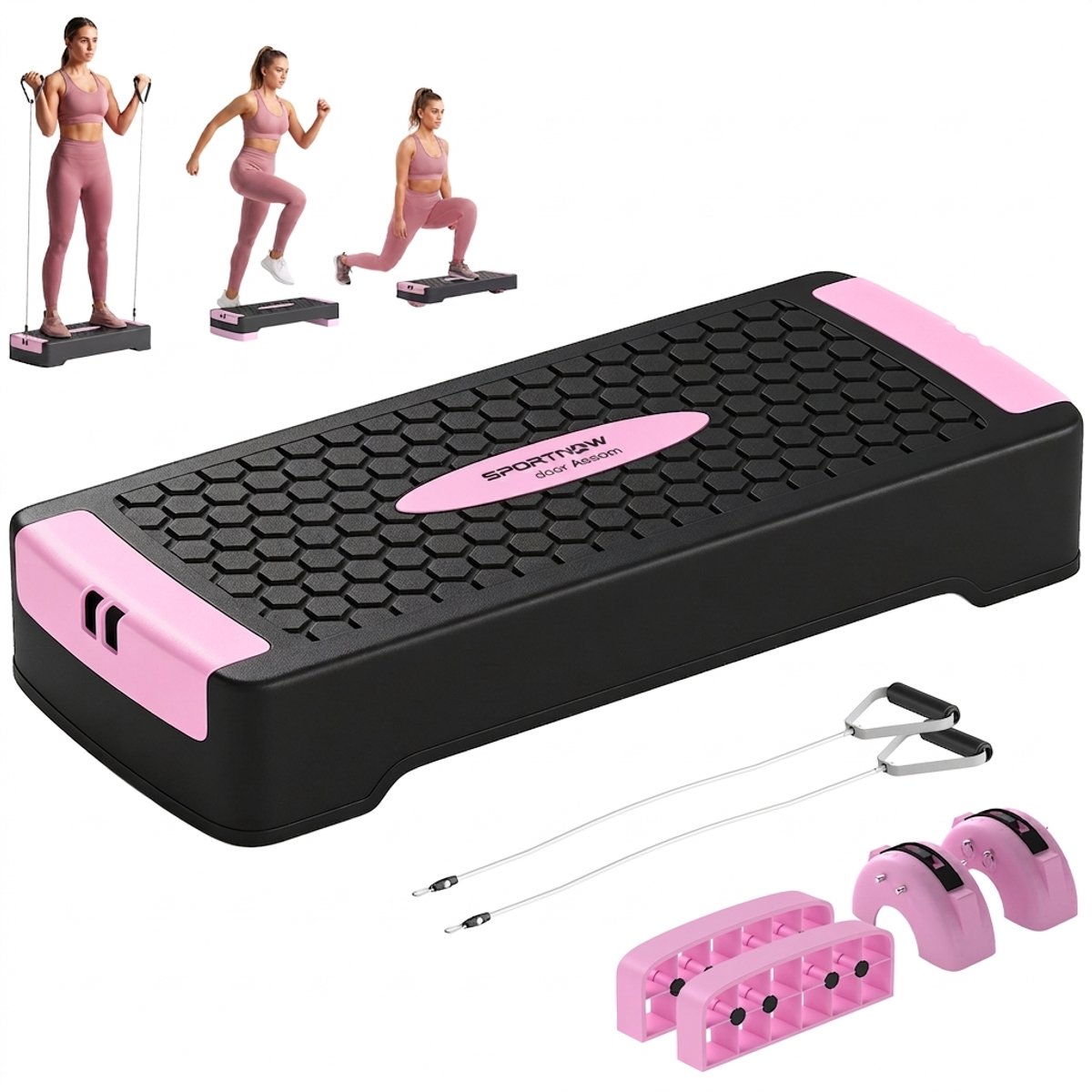 ROLIPO Aerobic Step Verstelbaar – Fitness Stepper met 2 Hoogtes 11/16 cm – Inclusief 2 Weerstandsbanden en Antislipmat – Roze