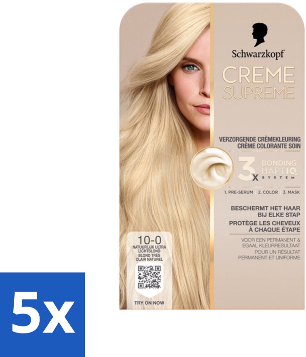 5 x Schwarzkopf - Haarkleuring - Creme Supreme 10-0 - Natuurlijk Ultra Lichtblond - 245g - Haarkleuring - Haarverf - Permanent Haarkleuring - Ultra Lichtblond - Grijsdekking