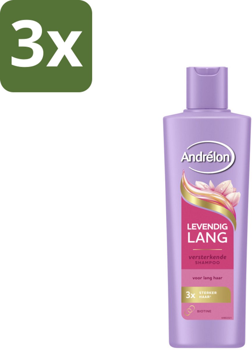 3 x Andrélon – Shampoo – Levendig Lang – 250 ml - Haarversterking - Biotine Shampoo - Lang Haar Verzorging - Haarbreuk Voorkomen - Gezond Lang Haar