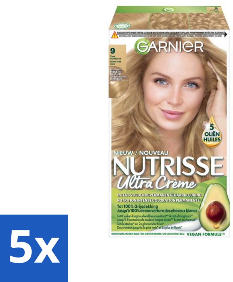 5 x Garnier - Nutrisse Ultra Crème 9 - Haarkleuring - Zeer Lichtblond - Intens Voedend - Permanente Kleur - Haarkleuring - Haarverf - Permanente Kleur - Zeer Lichtblond - Grijsdekking