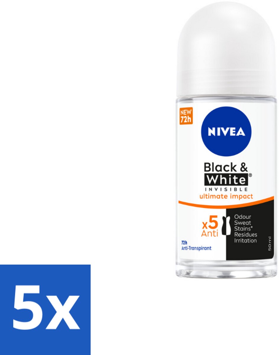 5 x NIVEA - Deodorant Roller - Zwart & Wit Ultieme Impact - 72 Uur Anti-Transpirant - 50 ml - Deodorant Roller - Anti-Transpirant - Anti-Vlek - Witte Strepen - Gele Vlekken