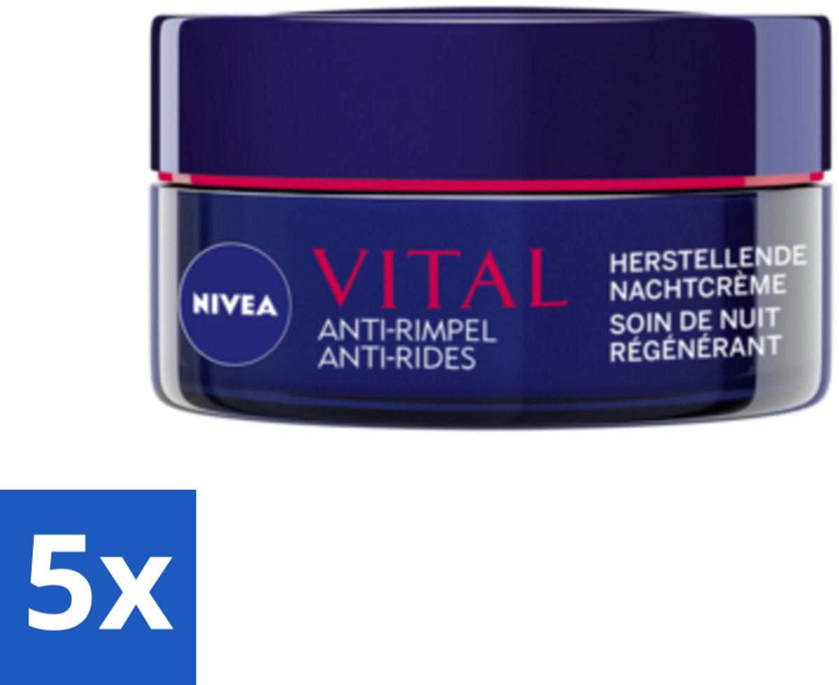 5 x NIVEA - Nachtcrème - VITAL Anti-Rimpel Herstellend - Voor rijpe huid - Met Vitamine F, Teunisbloemolie & Calcium - 50 ml - Anti-rimpel Crème - Nachtcrème Voor Rijpe Huid - Huidherstel Crème - Vitamine F Crème - Teunisbloemolie Crème