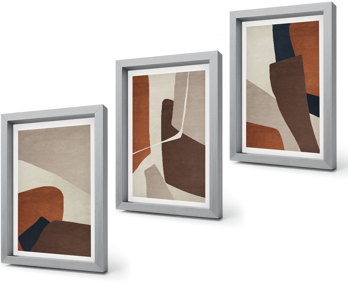 Coloray 4-Delige Schilderij Set - Abstractie van vormen en structuren in een moderne stijl - 20 x 30 cm - Decoratieve Schilderijen - Woonkamer - Interieur - Woonkamer Decoratie Zilveren lijst
