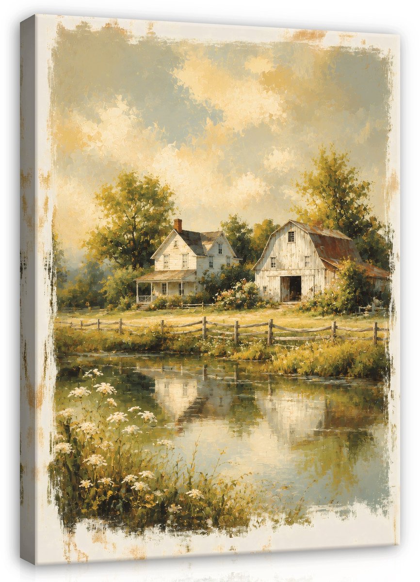 WALLARENA Schilderij op canvas - 120x80 cm - landelijk landschap met huisje in vintage stijl - wanddecoratie voor woonkamer en slaapkamer Beige