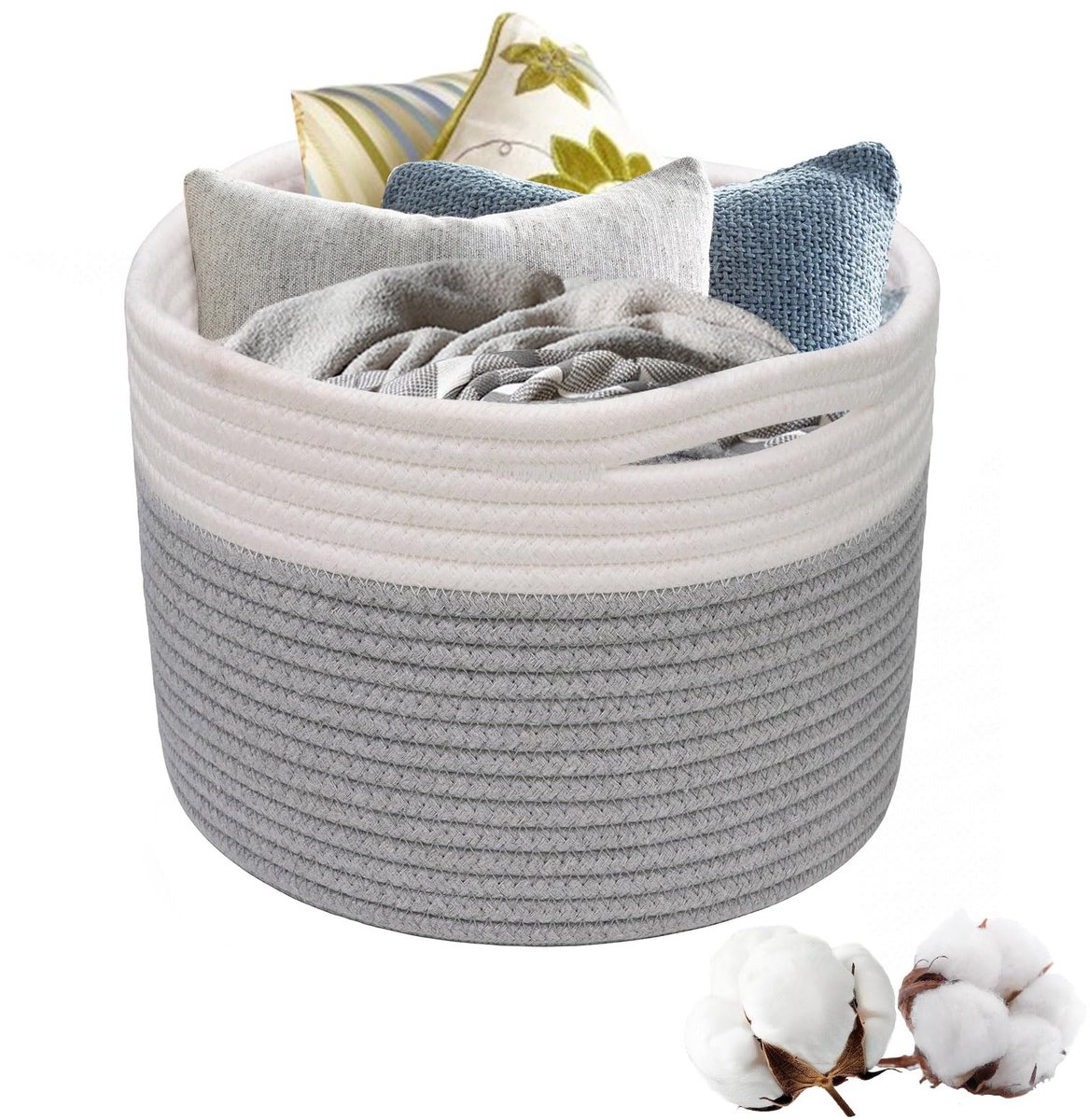 Famanu – Wasmand van geweven katoen met handgrepen, stapelbare opbergmand voor kleding, speelgoed en wasgoed, grijs en wit