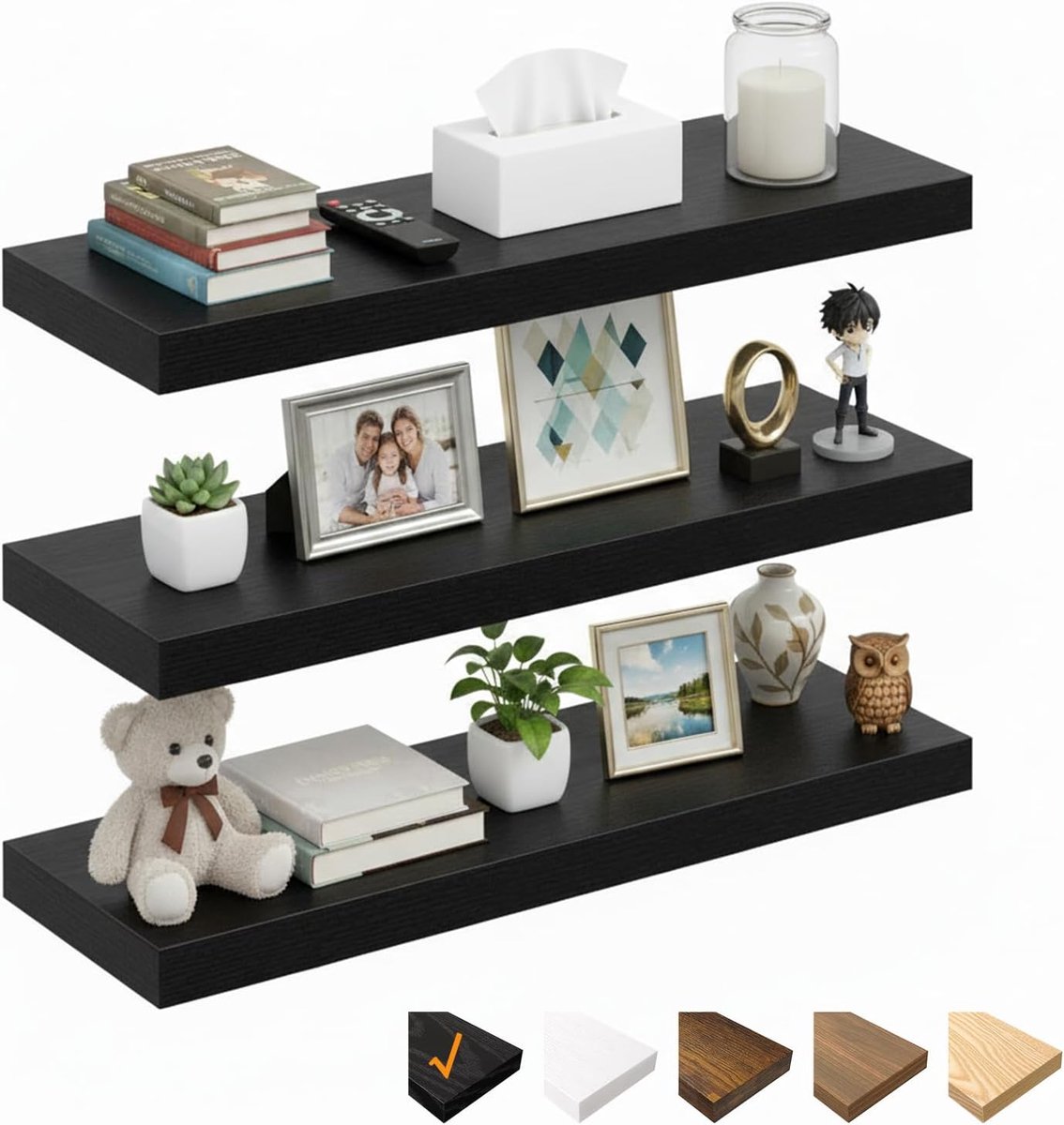 RICHER HOUSE 100 cm zwevende planken voor de muur, zwarte wandplanken met onzichtbare beugels, houten planken MDF voor - ShopVlot