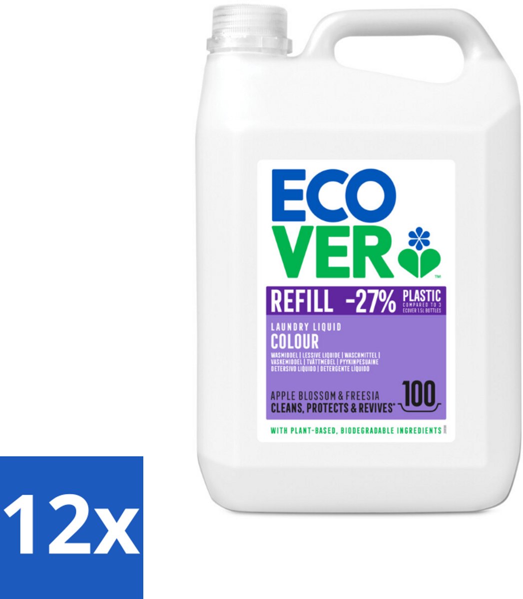 Ecover - Vloeibaar wasmiddel - Color - Appelbloesem & Freesia - 5 liter - 100 wasbeurten - Voordeelverpakking - 12 stuks