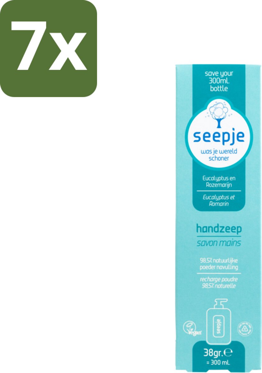 Seepje - Handzeep - Natuurlijke Geur & Verzorging - Eucalyptus en Rozemarijn - Navulverpakking - 34 g - Bulkverpakking - 7 stuks