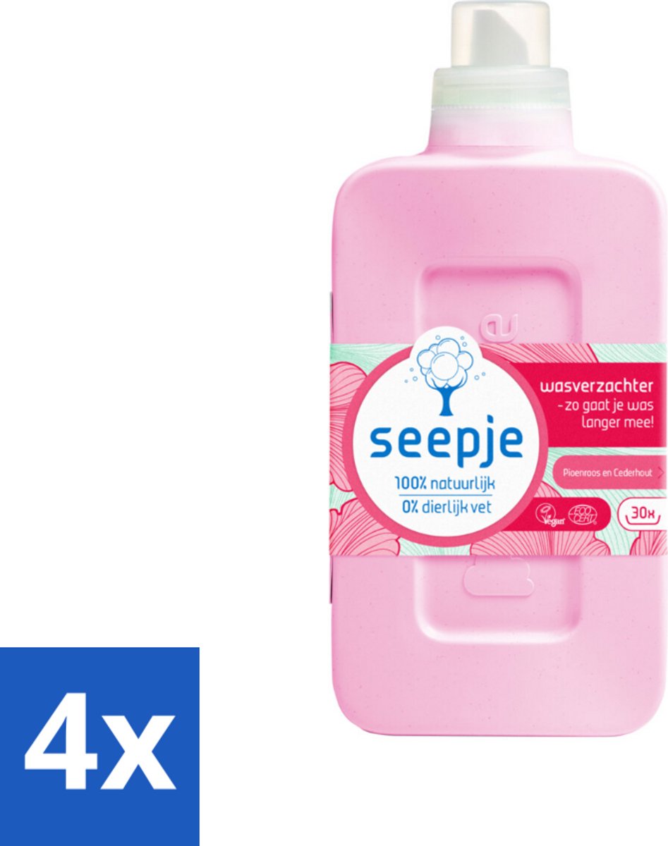 Seepje - Wasverzachter - Geurige Verzorging - Pioenroos en Cederhout - 30 Wasbeurten - 750 ml - Voordeelverpakking - 4 stuks