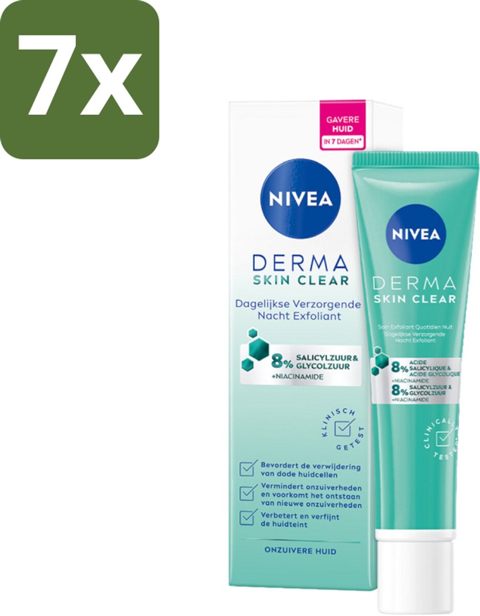 NIVEA - Nacht Exfoliant - DERMA Huidzuiver Dagelijkse Verzorging - Met Salicylzuur (AHA), Glycolzuur & Niacinamide - Tegen Acne & Mee-eters - 40 ml - Bulkverpakking - 7 stuks