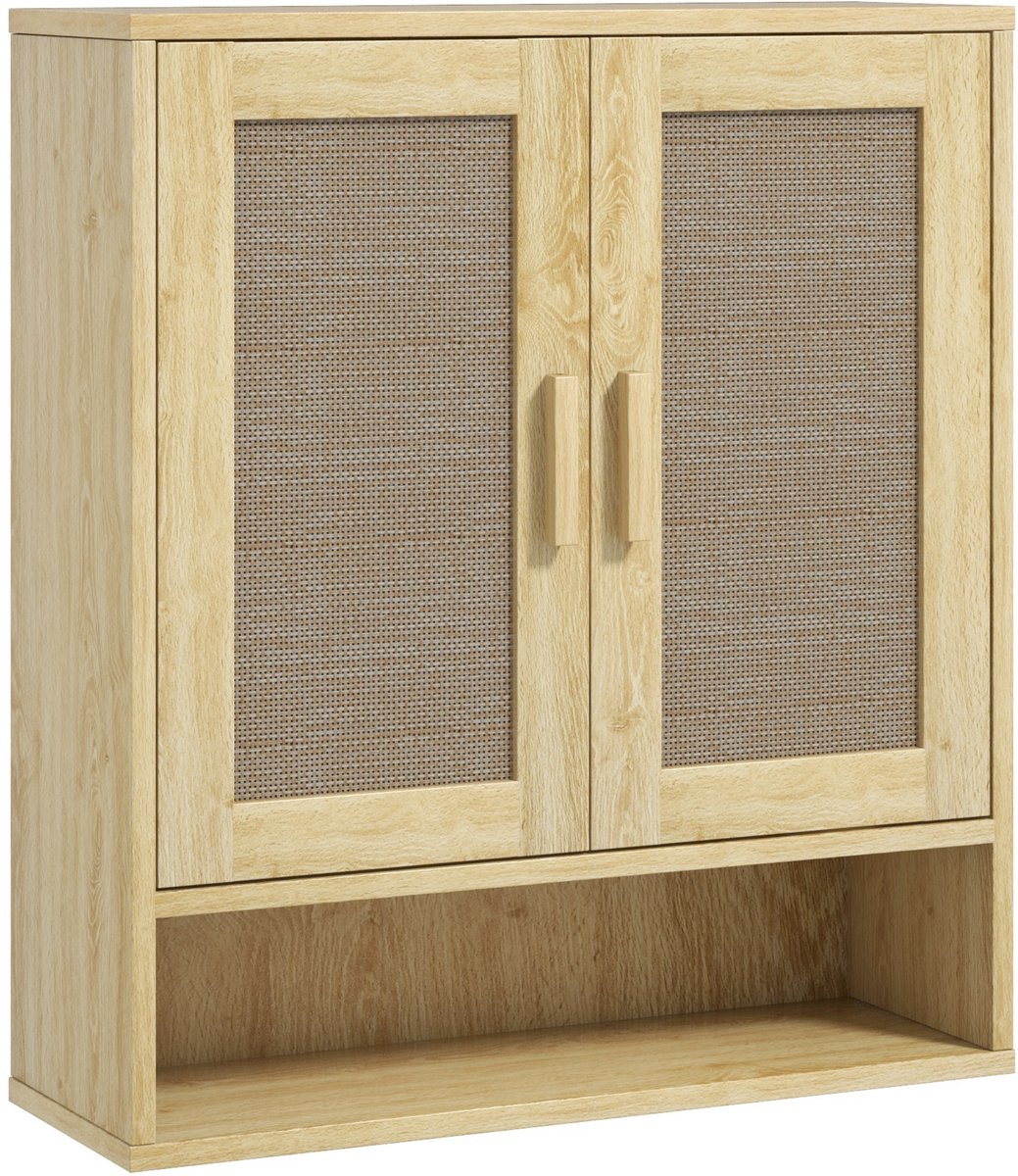 Boheemse badkamerkast, rieten wandkast met planken en deuren, dubbele deuren, ruimtebesparend hangend opbergrek boven het toilet