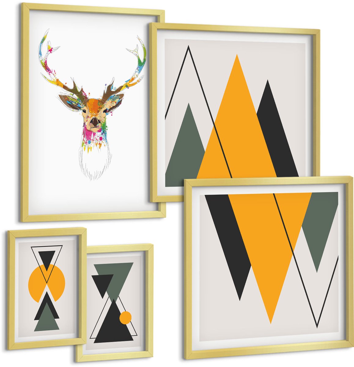 TULUP 5-Delige Schilderij Set - Boho-stijl met kleurrijke dieren- en geometrische motieven. - 50 x 50 cm, 20 x 30 cm en 40 x 60 cm - Muurdecoratie - Interieur Decoratie - Stijlvolle Muurdecoratie Gouden lijst