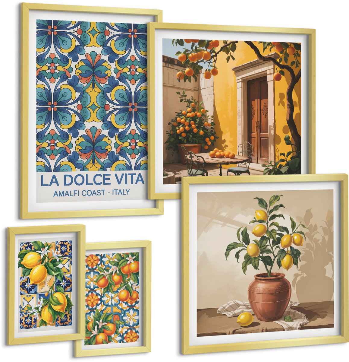 TULUP 5-Delige Schilderij Set - Italiaanse citrusmotieven in mediterrane stijl - 50 x 50 cm, 20 x 30 cm en 40 x 60 cm - Moderne Wanddecoratie - Woonkamer - Interieur Decoratie Gouden lijst
