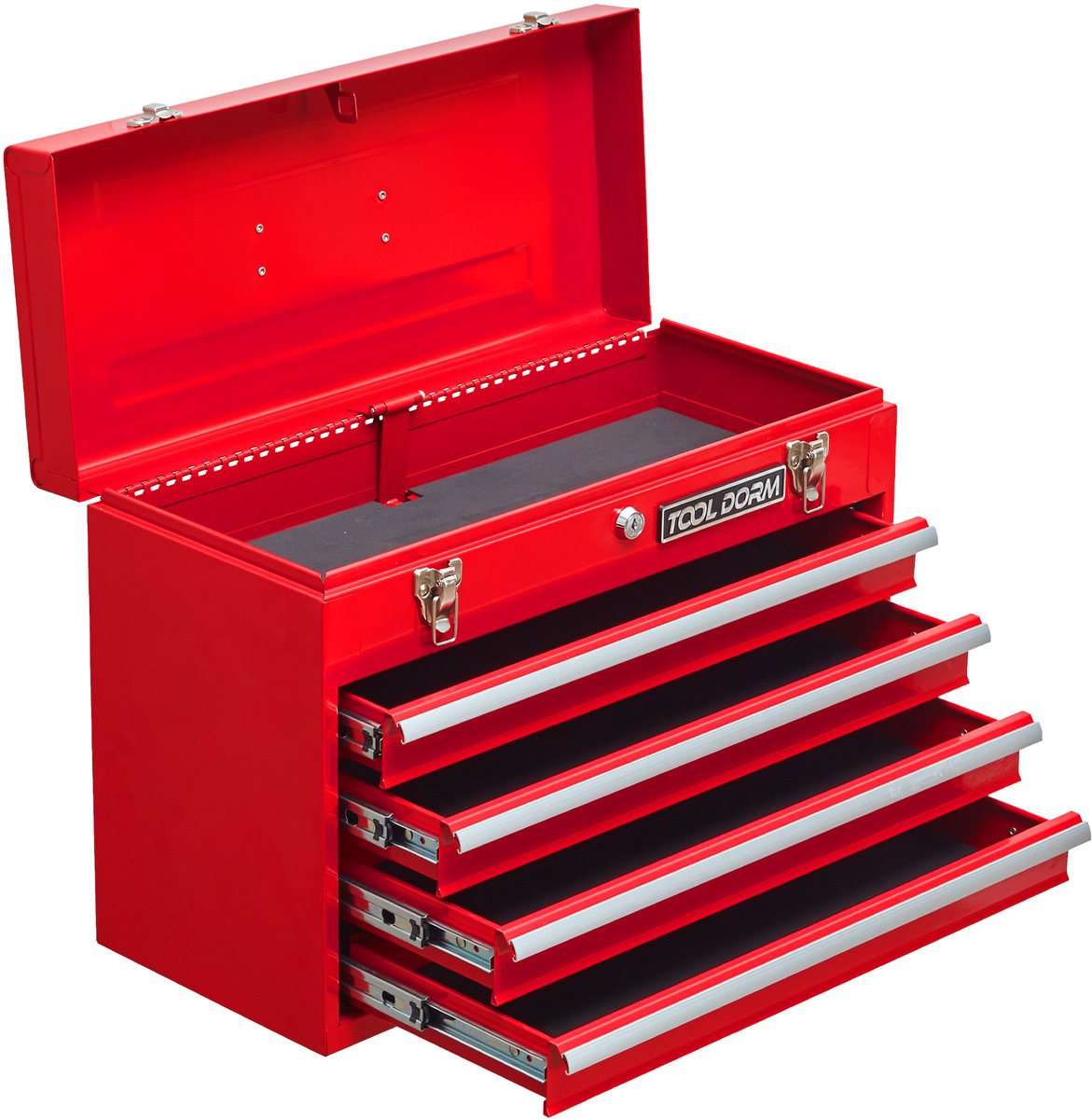 REDOM - Gereedschapskoffer met lades - 4 lades en bovenklep - Met slot en draaggreep - Stalen constructie - Voor garage en werkplaats - Metaal - Rood - 51,5 x 22,4 x 35,5 cm