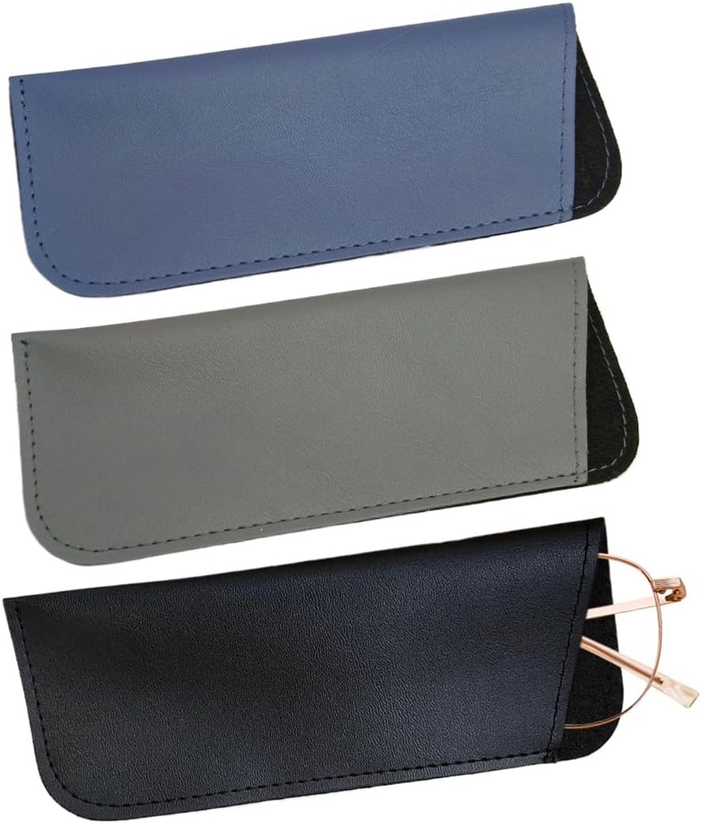 Pack of 3 Leather Glasses Case, Soft Case for Reading Glasses and Sunglasses, Portable Bag for Men and Women, Black - ShopVlot