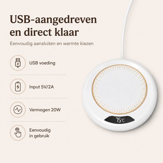 Mok Warmer USB - Koffiekop Verwarmer voor Koffie en Thee - Elektrische Warmhoudplaat met 3 Temperatuurstanden - Beker Warmer voor Bureau en Thuis - Compacte Warmhoudonderzetter Ø11,2 cm - Wit — afbeelding 4