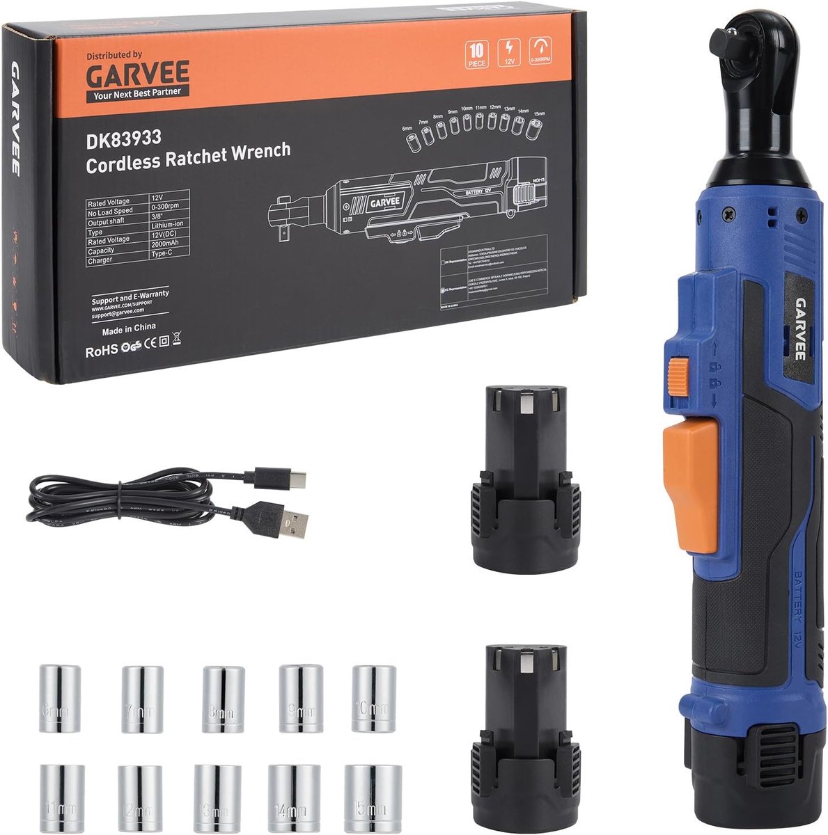 Accu Ratel 12V - Elektrische Ratelsleutel - 55 Nm Koppel - 3/8" Aandrijving - Inclusief 10-delige Doppenset (6-15mm) & 2x 2.0Ah Accu's - Compact Design met LED - Voor Automotive & DIY