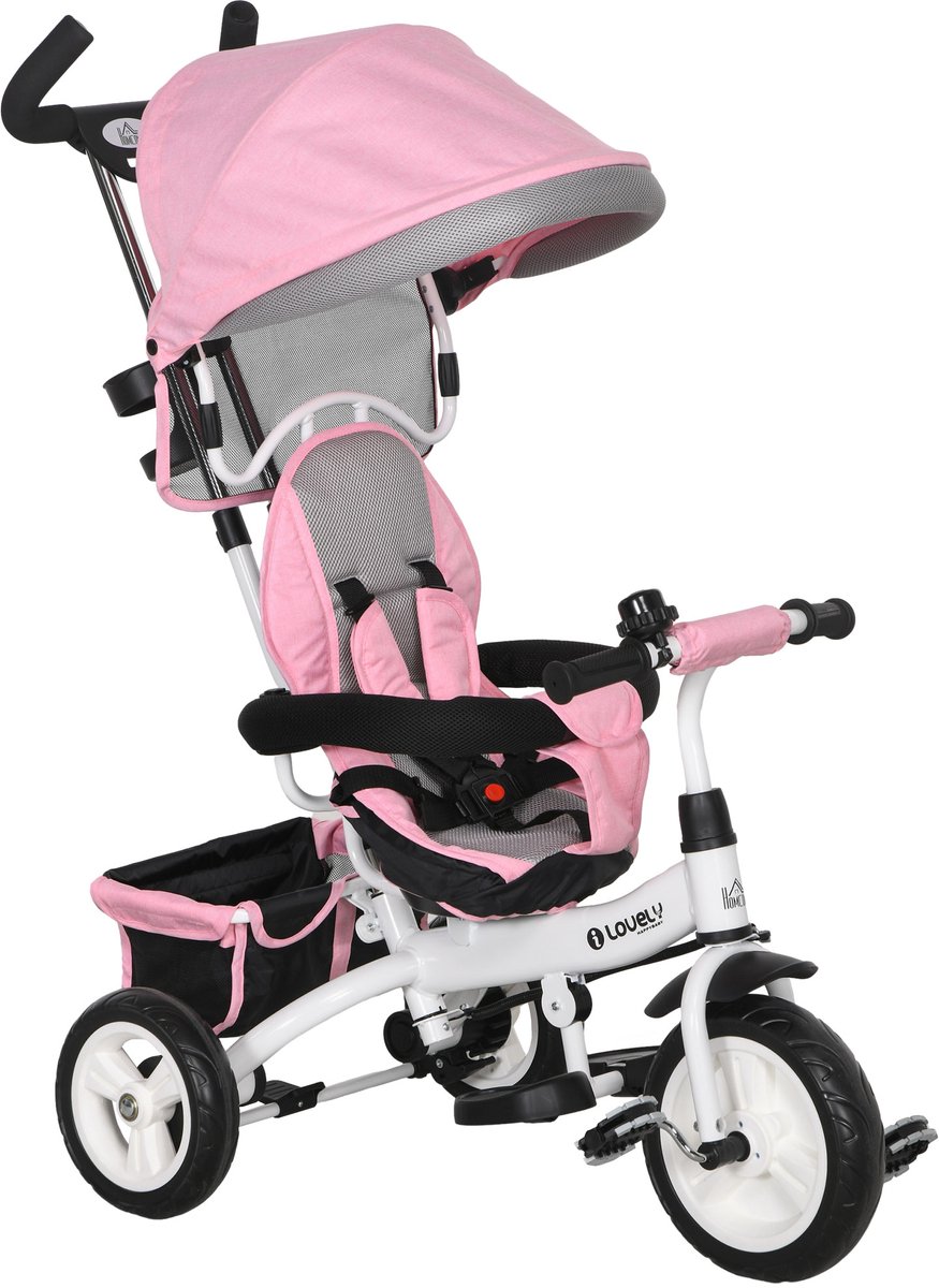 TEKROA® 6-in-1 kinder driewieler - met duwstang, zonnekap, 5-punts veiligheidsgordel, opbergruimte, voetsteun en rem - voor kinderen - roze