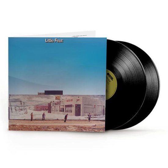 Little Feat albumhoes met twee zwarte LP's, met een muurschildering van een markt op de hoes.