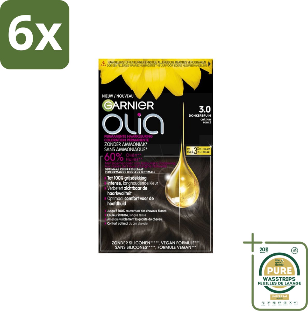 Garnier - Olia 3 - Haarkleuring - Donkerbruin - Zonder Ammoniak - Intense Langhoudende Kleur - 100% Grijsdekking - Voordeelverpakking - 6 stuks - Haarkleuring zonder ammoniak - Donkere haarkleur