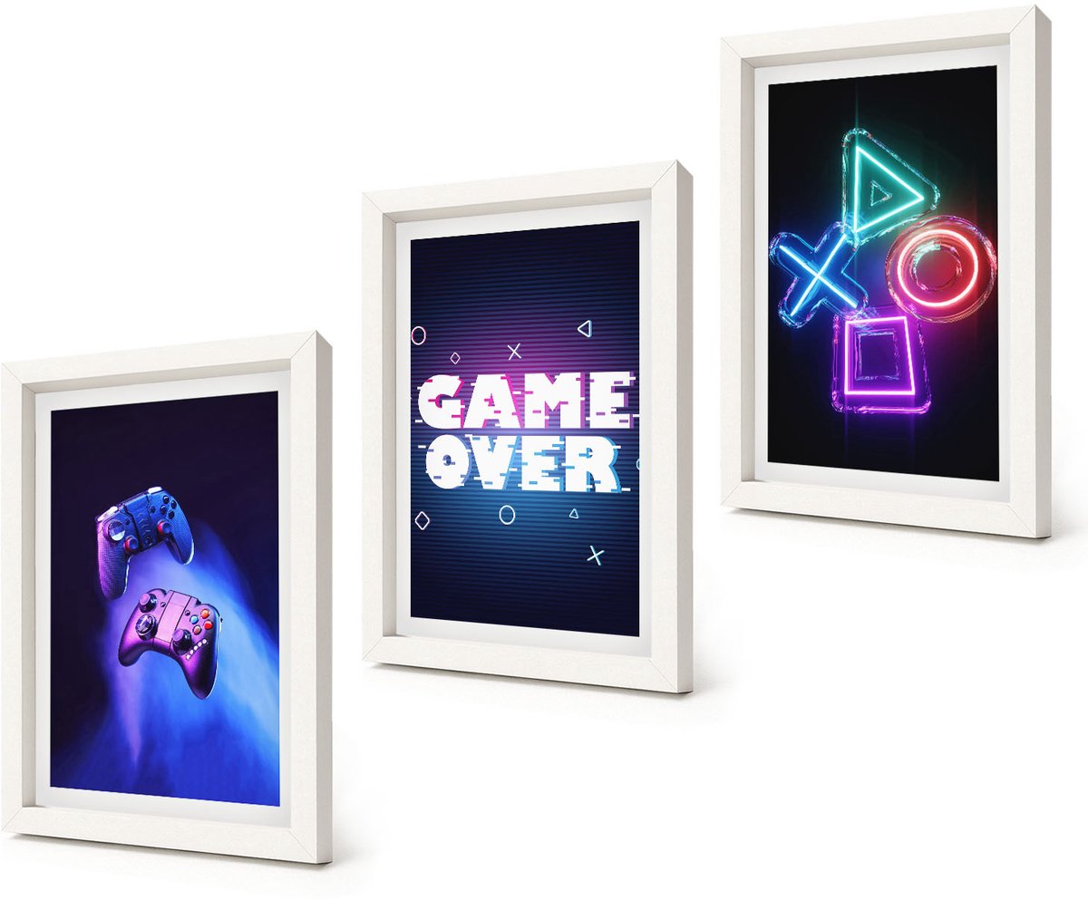 Coloray 3-Delige Schilderij Set - Gamepads Game Over-inscriptiepictogrammen - 20x30 - Wanddecoratie - Muurdecoratie - Woonkamer