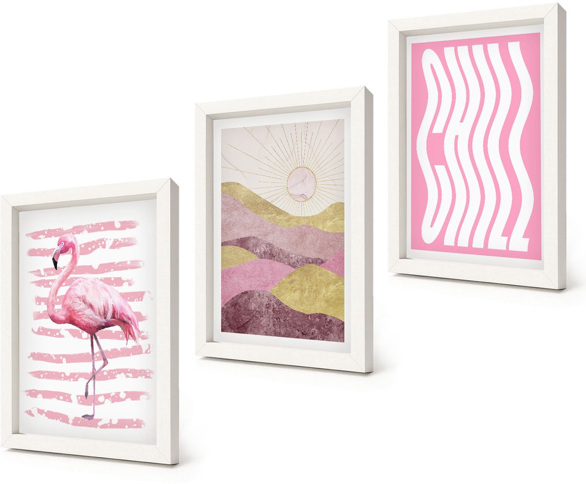 Coloray 3-Delige Schilderij Set - Roze flamingo's, pastelkleurig berglandschap, relaxte belettering - 20x30 - Stijlvolle Muurdecoratie - Kantoor - Wanddecoratie