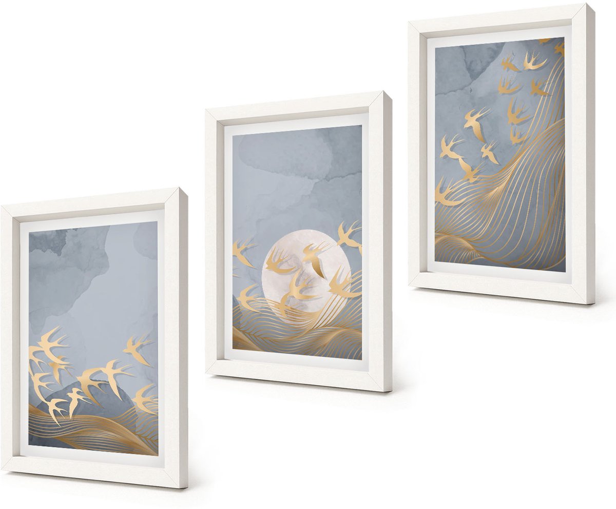 Coloray 3-Delige Schilderij Set - Vogels in vlucht tegen de hemel en de maan. - 20x30 - Muurdecoratie - Schilderijen Set - Woonkamer