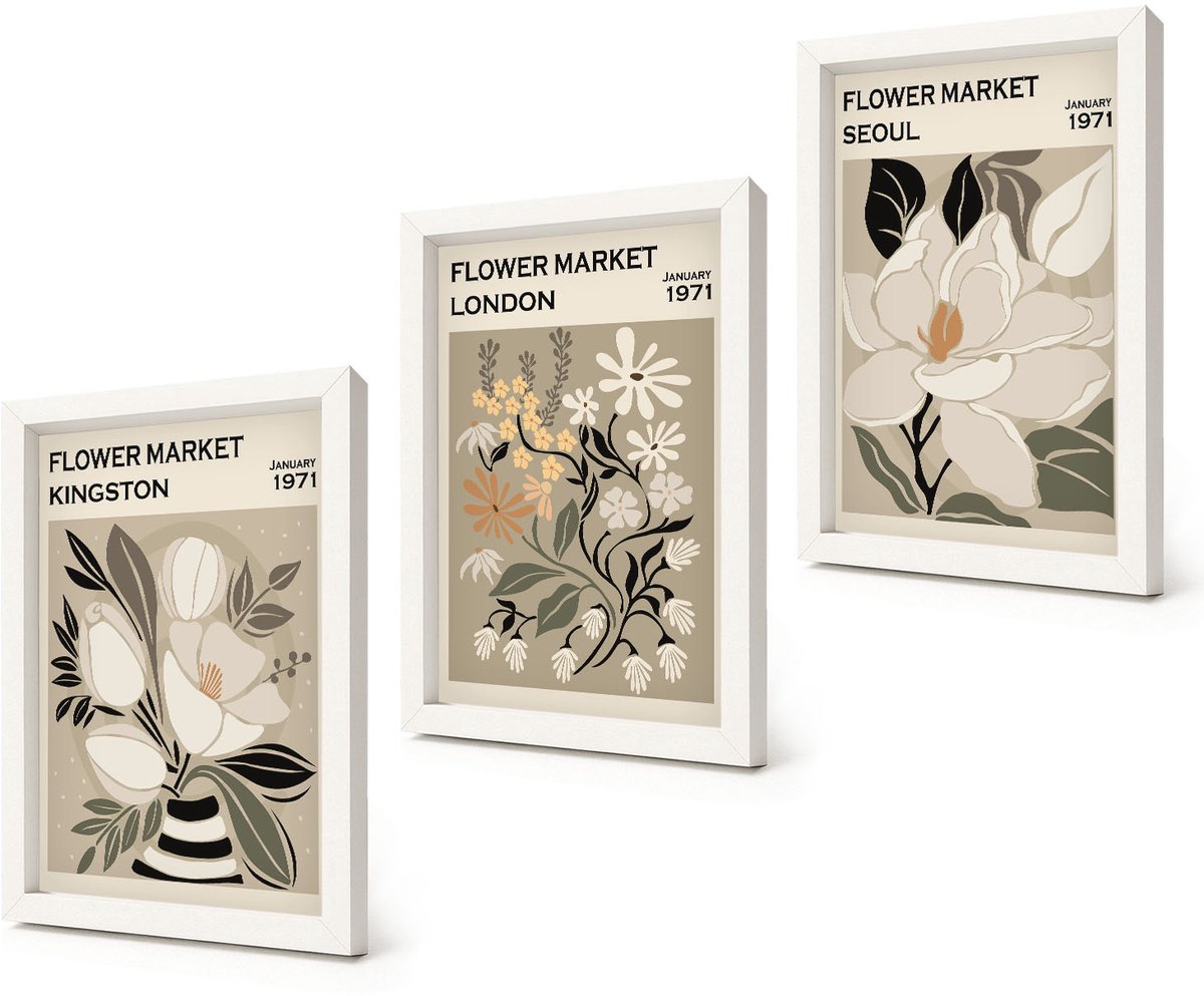 Coloray 3-Delige Schilderij Set - Retro bloemen uit verschillende steden over de hele wereld - 20x30 - Stijlvolle Wanddecoratie - Interieur - Moderne Wanddecoratie