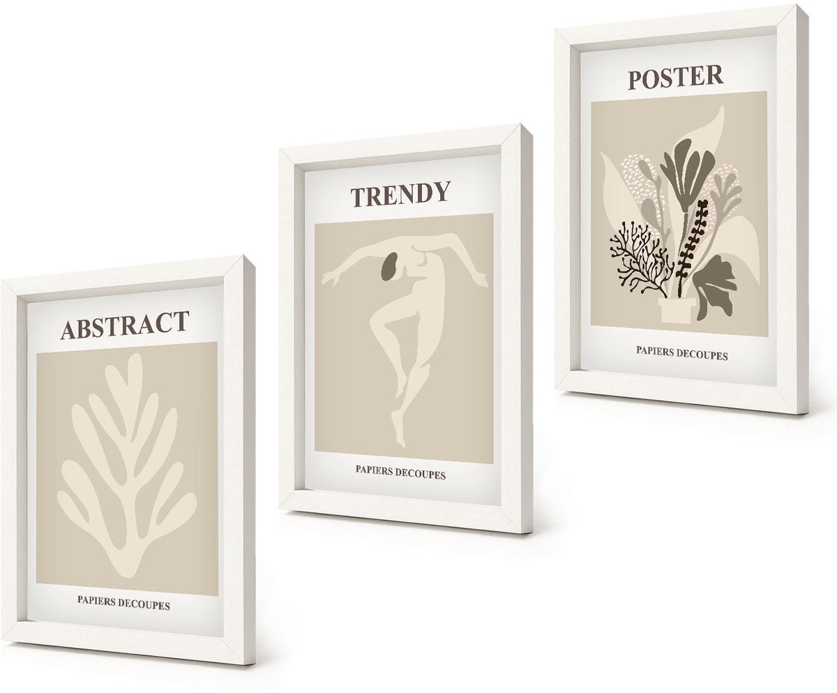 Coloray 3-Delige Schilderij Set - Plantenpatronen in beige en bruine tinten - 20x30 - Wanddecoratie - Muurdecoratie - Moderne Interieurdecoratie