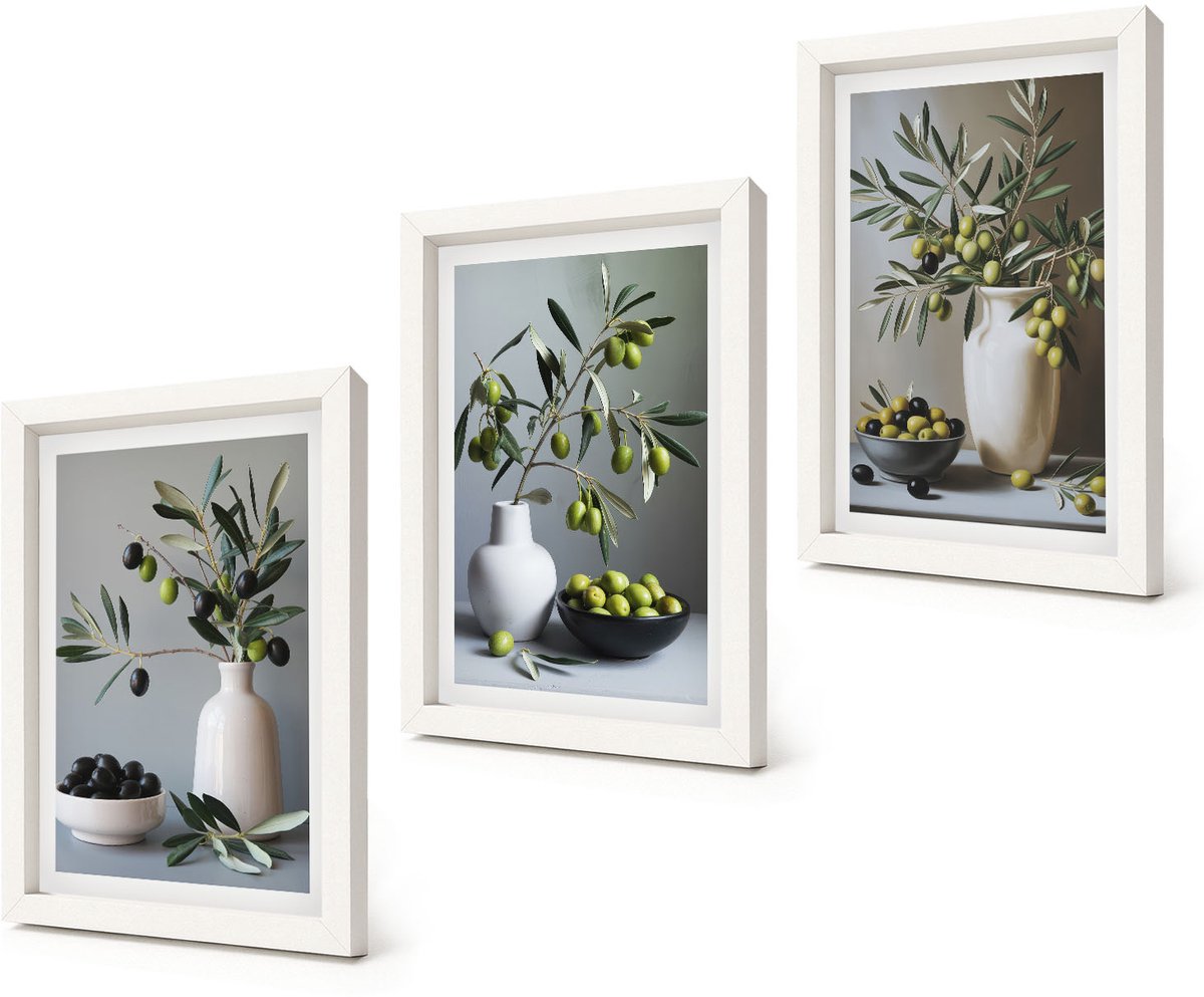 Coloray 3-Delige Schilderij Set - Olijven in vazen ​​tegen een achtergrond van gedempte kleuren. - 20x30 - Decoratieve Schilderijen - Wanddecoratie - Hal - Interieur Decoratie