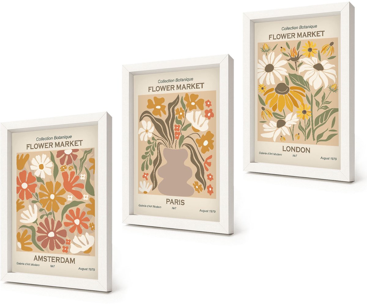 Coloray 3-Delige Schilderij Set - Bloemenpatronen uit Amsterdam, Parijs en Londen - 20x30 - Decoratieve Muurdecoratie - Slaapkamer