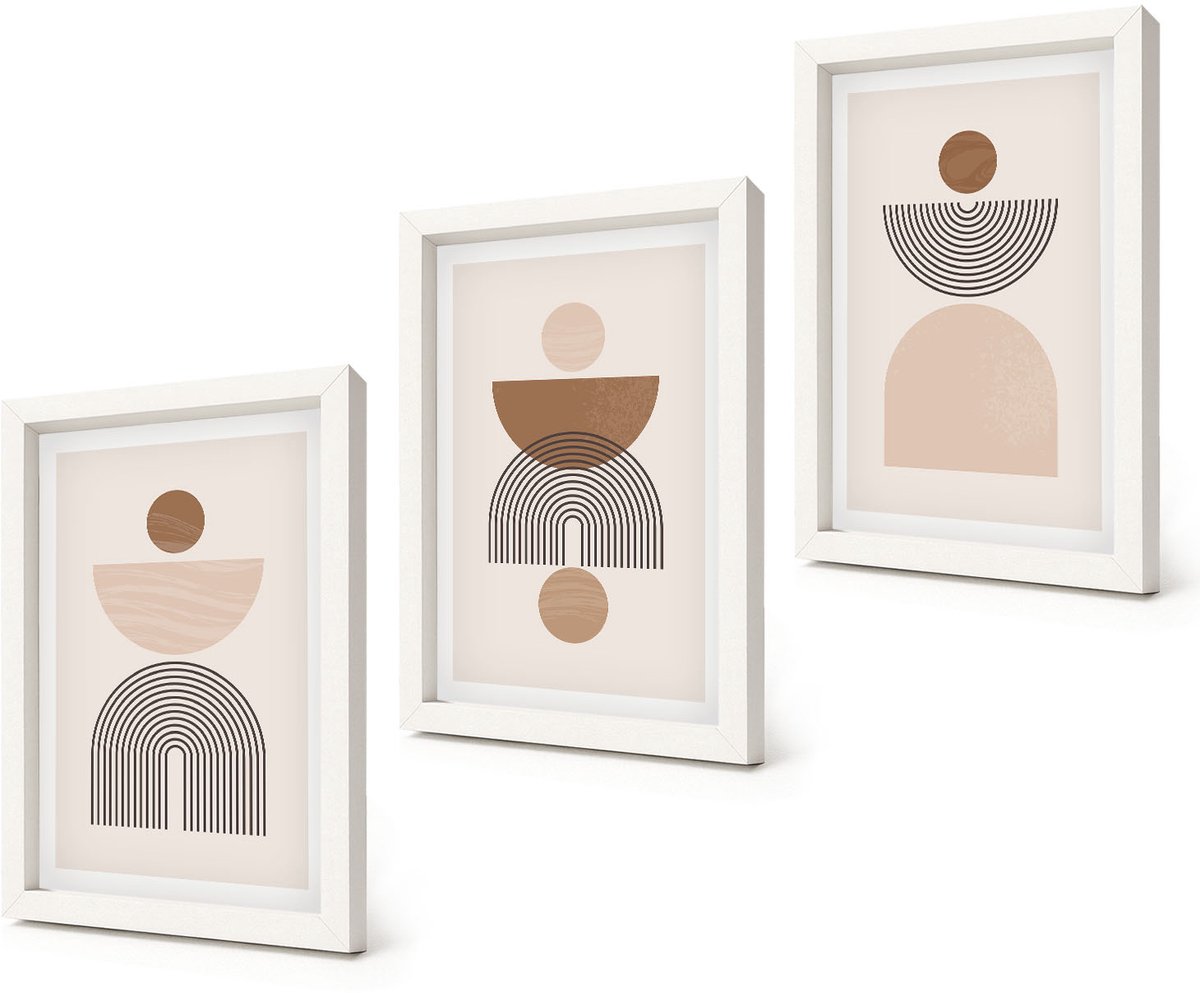 Coloray 3-Delige Schilderij Set - Abstracte vormen in bruine en beige tinten - 20x30 - Wanddecoratie - Woonkamer Decoratie