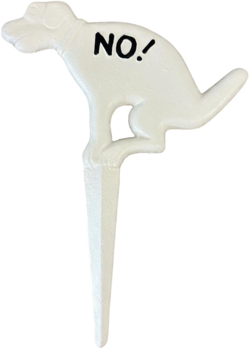 Bellatio Decorations Hondenbordje op steker - wit - niet poepen - gietijzer - 27 cm - hondenpoep gazon bordje