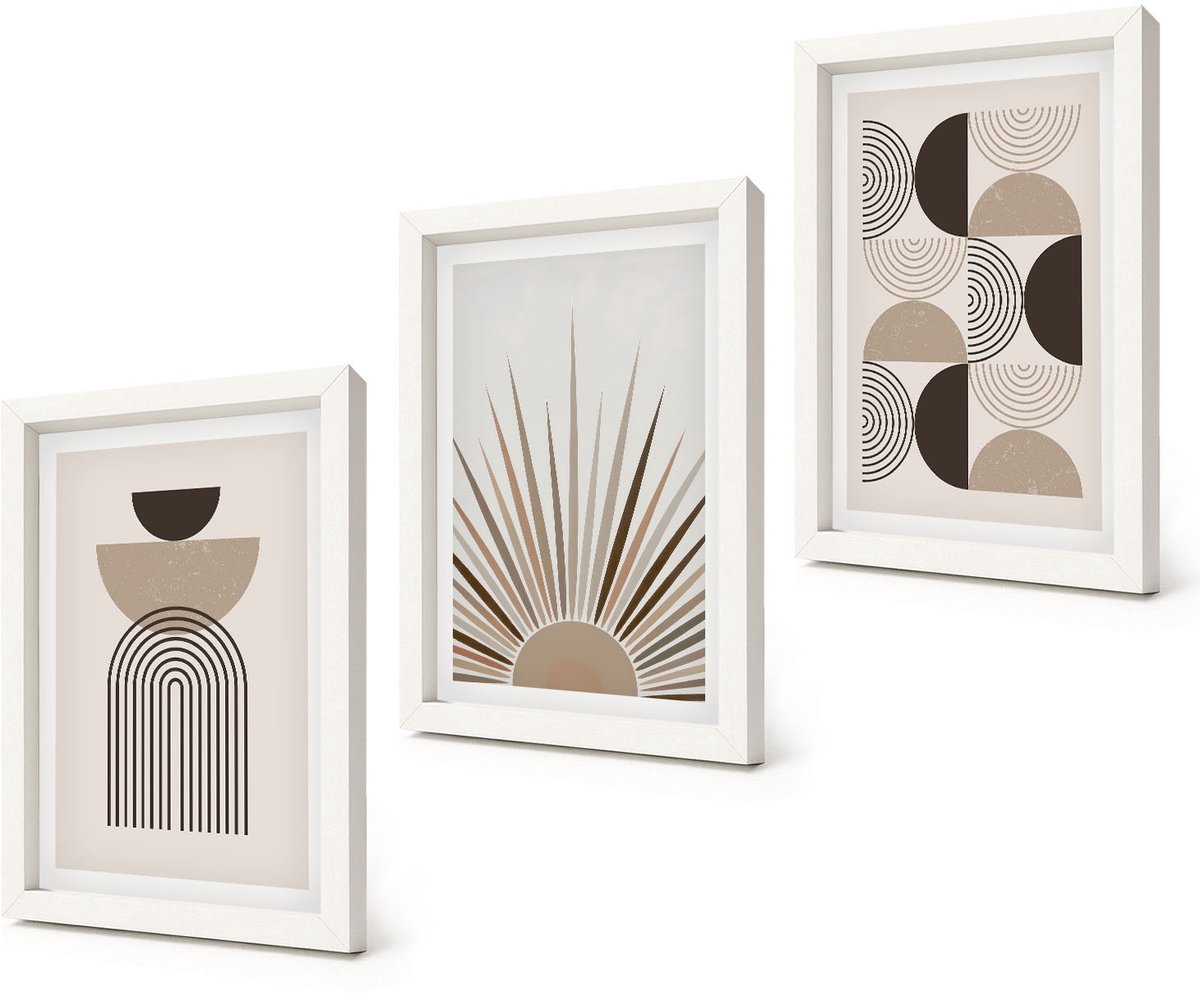 Coloray 3-Delige Schilderij Set - Abstracte vormen in beige en bruine tinten. - 20x30 - Schilderijen Set - Wanddecoratie - Woonkamer - Woonkamer Decoratie