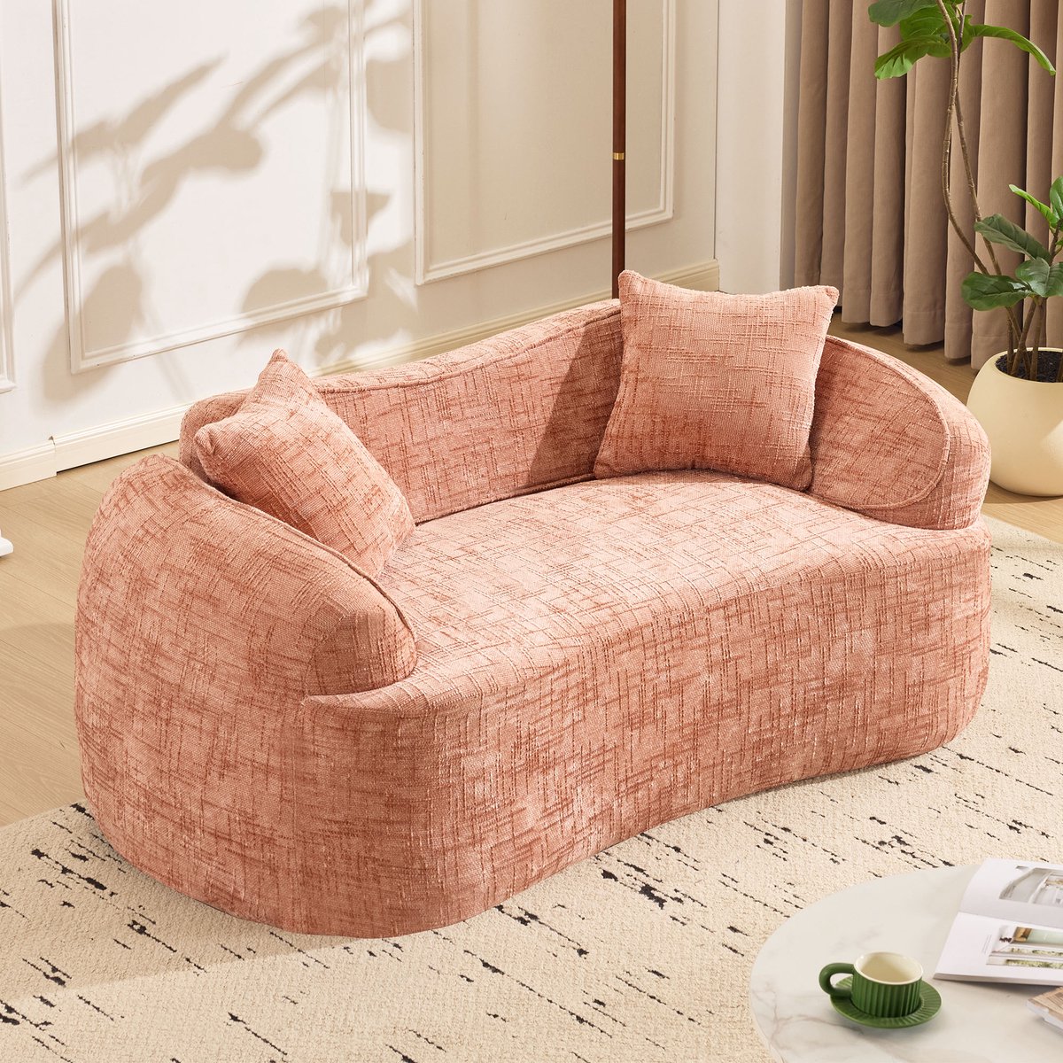 Gebogen 2-zits bank met armleuningen - Roze - Compact voor kleine ruimtes - Montagevrij - Inclusief 2 kussens - Ergonomisch comfort met pocketvering - 72 uur hersteltijd