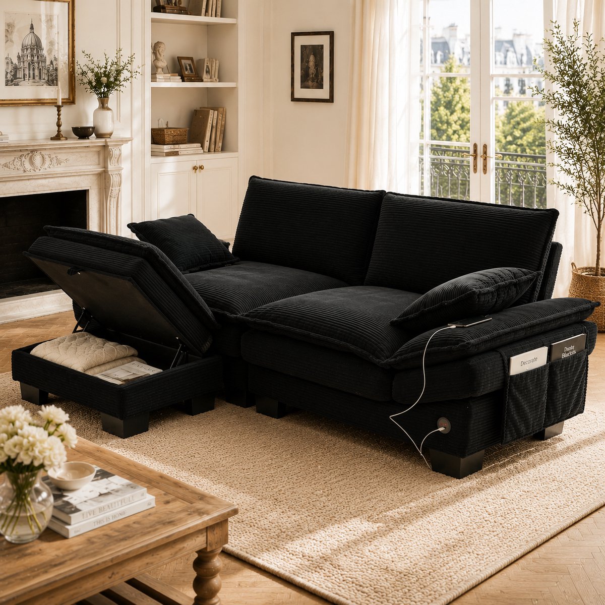 Modulaire 2-zitsbank met hocker - Ideaal voor woonkamer en kantoor - 2 zitplaatsen - Zwart - USB-C aansluiting en zijvakken - Breed zitvlak en ergonomisch design - Hoogdichtheid schuim vulling