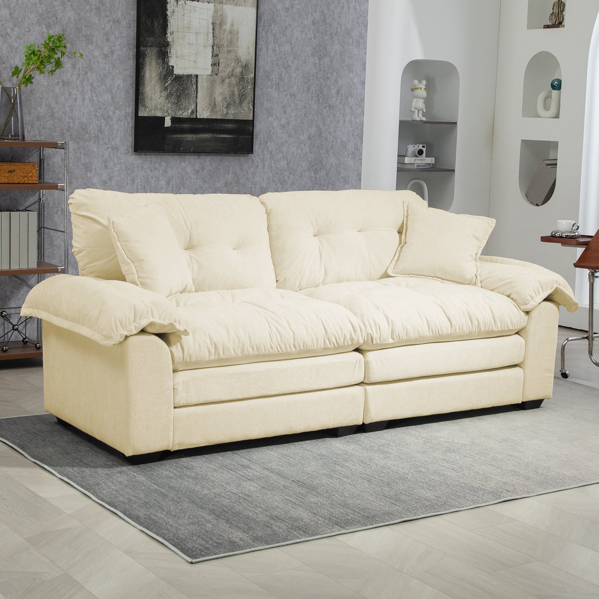 Chenille 2-zitsbank met diepe zit - Geschikt voor kleine woonkamer, appartement en kantoor - 213 cm, 2-3 personen - Crème - Dubbellaags comfort (memory foam & pocketvering) - Inclusief 2 bijpassende kussens - Ergonomisch design