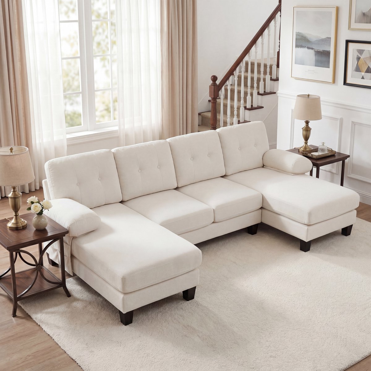 U-vormige 4-zits chenille bank met 2 chaise longues - Geschikt voor woonkamer en kantoor - 268x128x84 cm - Beige - Slaapfunctie en opbergvakken - 53 cm diepe zit en afritsbare hoezen