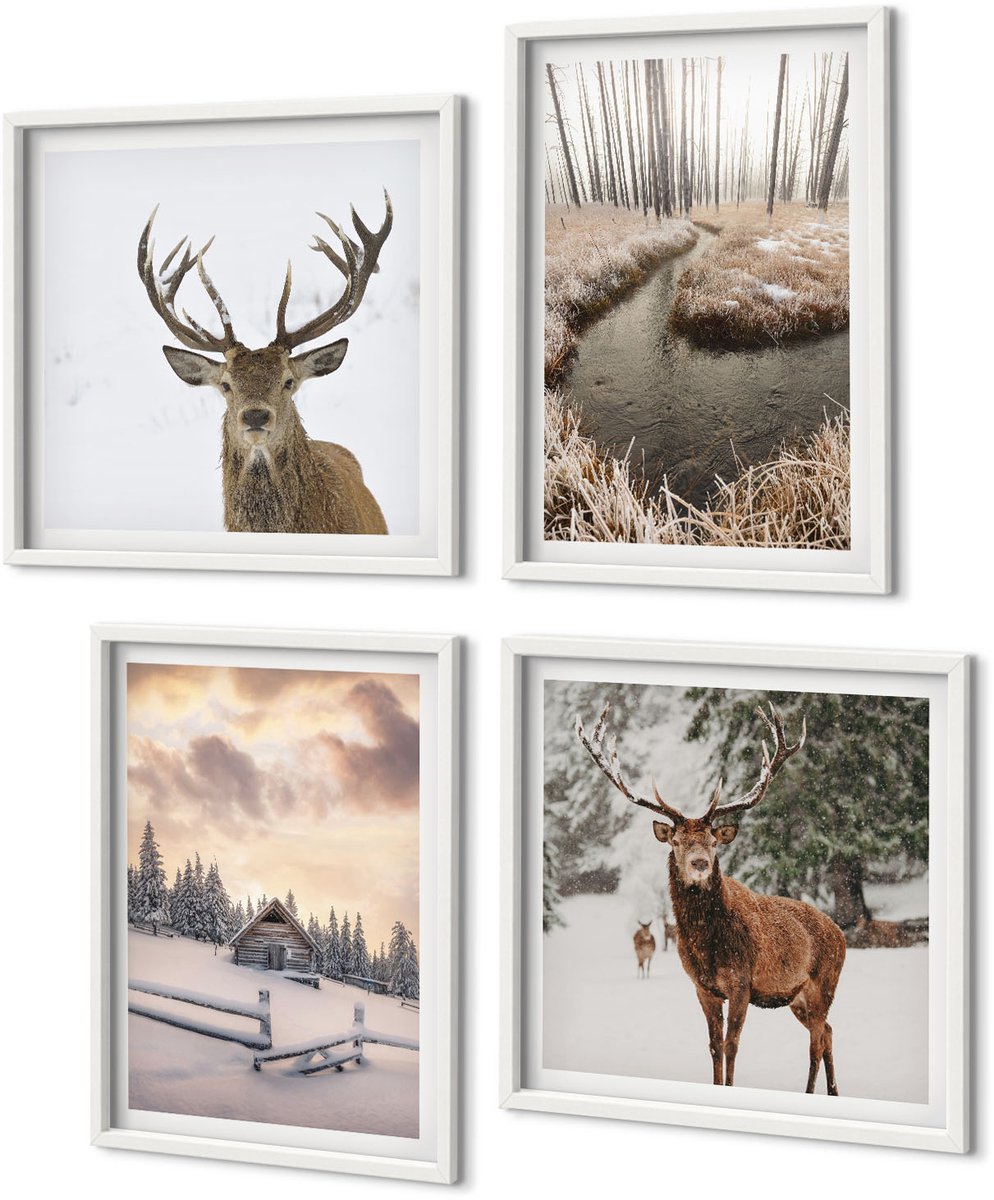 Coloray 4-Delige Schilderij Set - Winterlandschap Met Hertenhut En Beekje - 40 x 40 En 40 x 60 - Wanddecoratie - Woonkamer Decoratie - Muurdecoratie