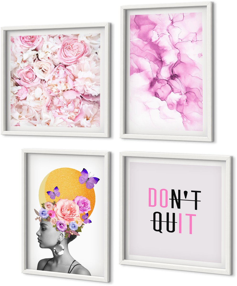 Coloray 4-Delige Schilderij Set - Inspirerende Inscriptie, Bloemen, Abstract Portret Van Een Vrouw - 40 x 40 En 40 x 60 - Muurdecoratie - Wanddecoratie - Hal - Interieur Decoratie