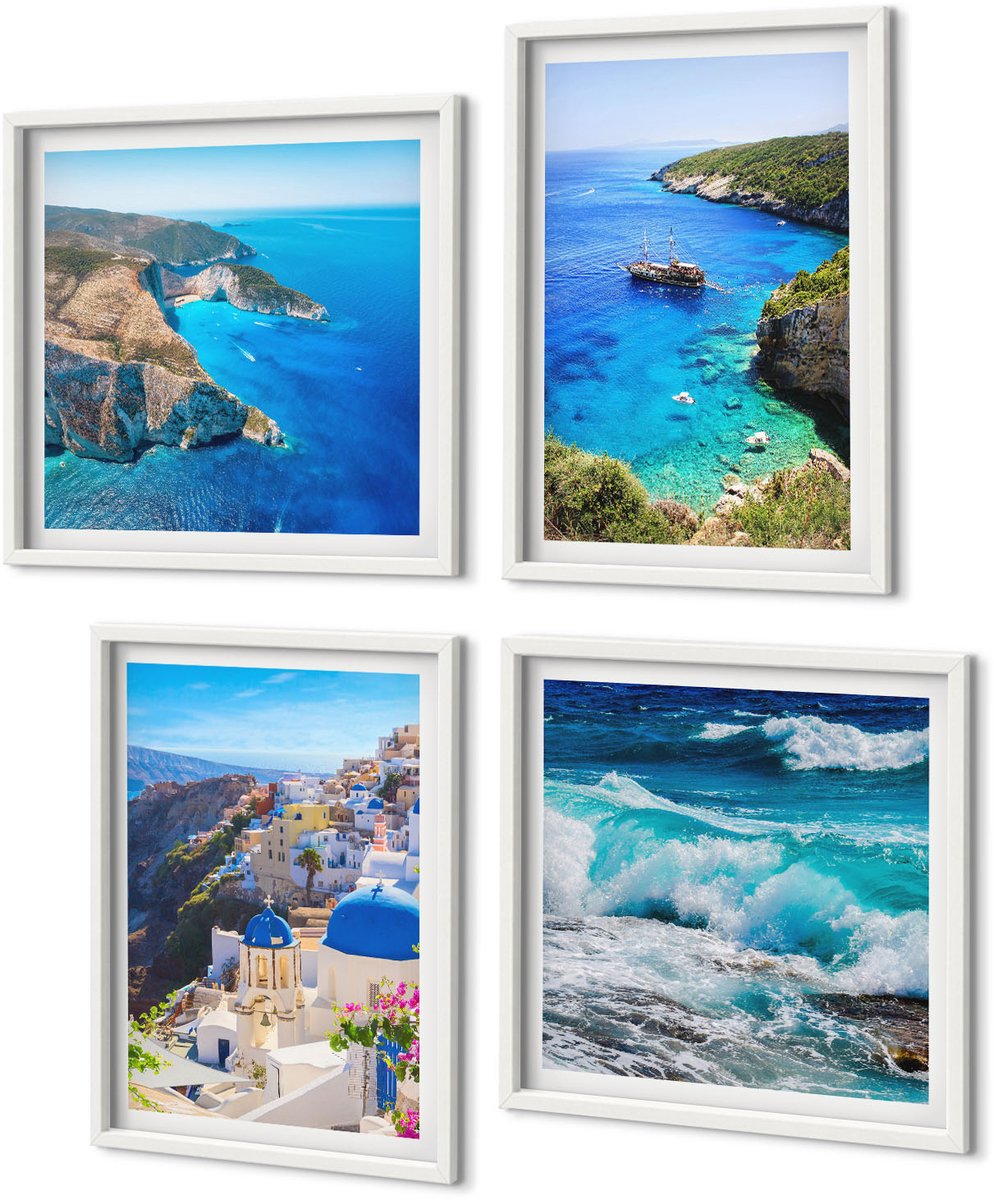 Coloray 4-Delige Schilderij Set - Uitzicht Op De Griekse Kust En Het Stadje Oia Op Santorini - 40 x 40 En 40 x 60 - Decoratieve Muurdecoratie - Slaapkamer - Woonkamer Decoratie