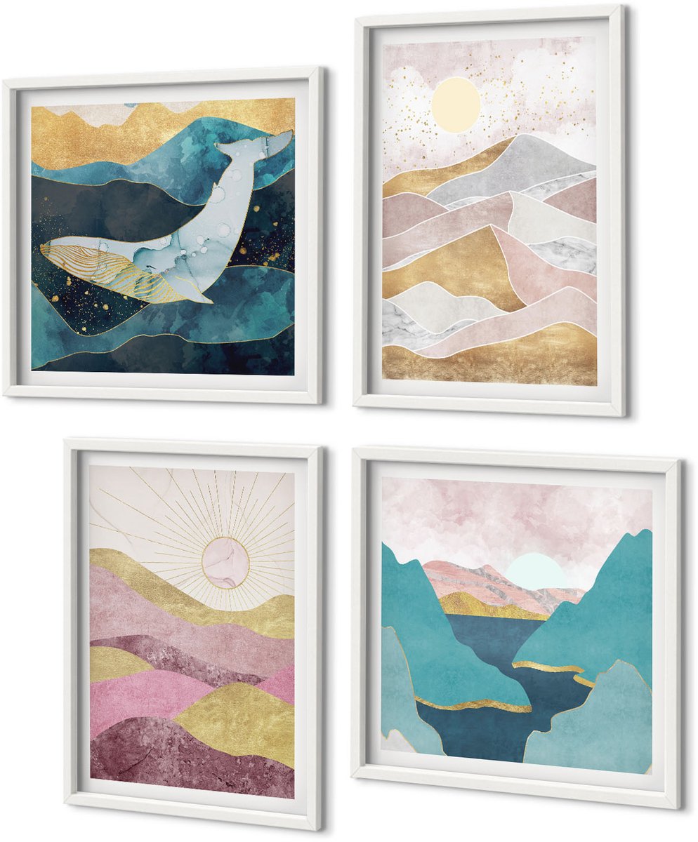 Coloray 4-Delige Schilderij Set - Abstracte Landschappen Met Bergen En Zon - 40 x 40 En 40 x 60 - Muurdecoratie - Wanddecoratie - Slaapkamer - Interieur Decoratie