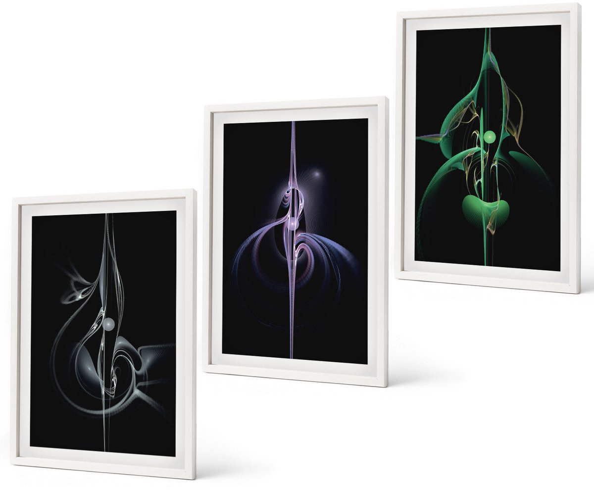 Coloray 3-Delige Schilderij Set - Abstracte Patronen In Zwart- En Kleurtinten - 40 x 60 - Stijlvolle Wanddecoratie - Interieur - Woonkamer Decoratie Witte lijst